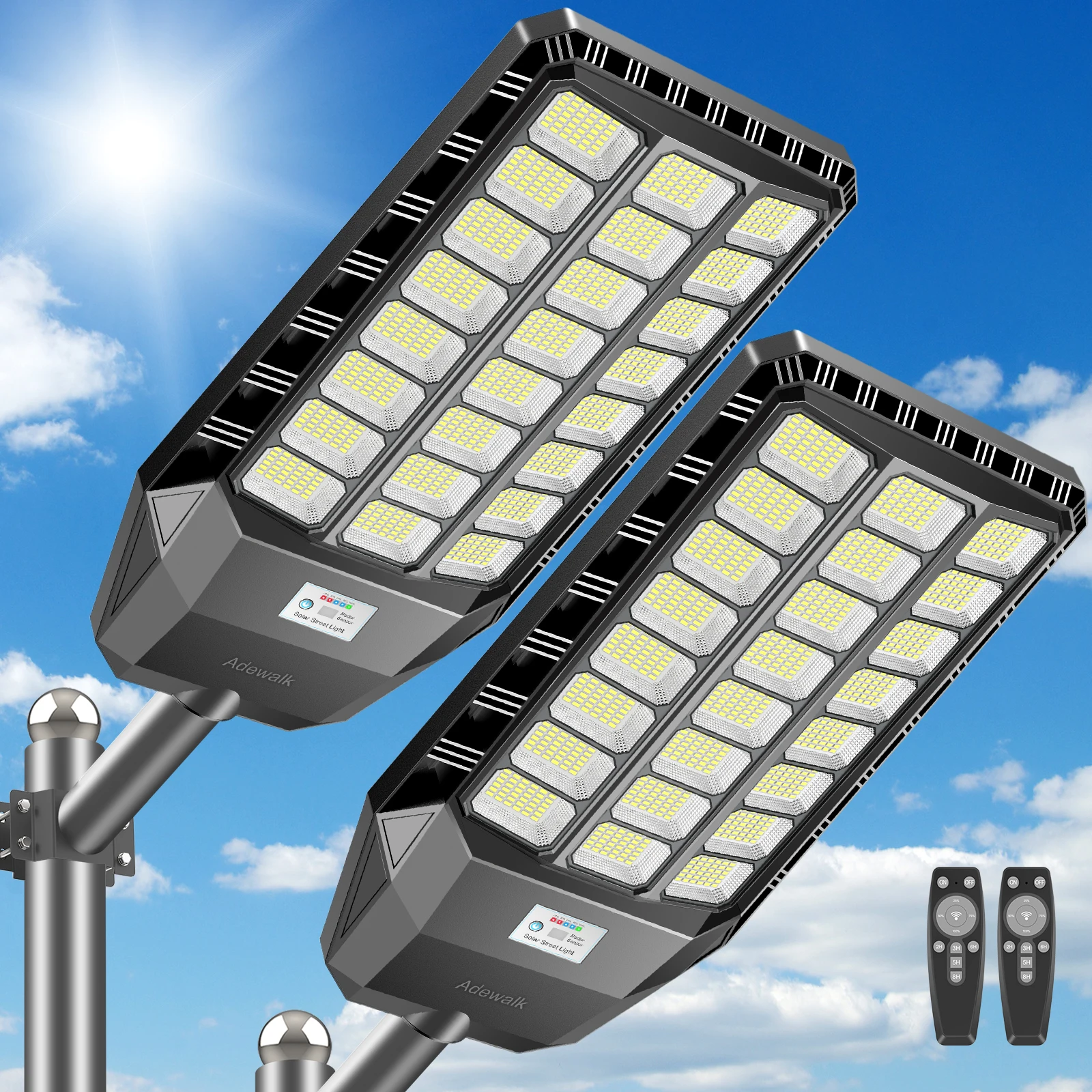 2er-Pack Kommerzielle Solar-Straßenleuchten für den Außenbereich, Bewegungssensor-Sicherheitsleuchten, Dämmerung bis Morgendämmerung, Fernbedienung, IP67 wasserdicht, ohne Verkabelung,