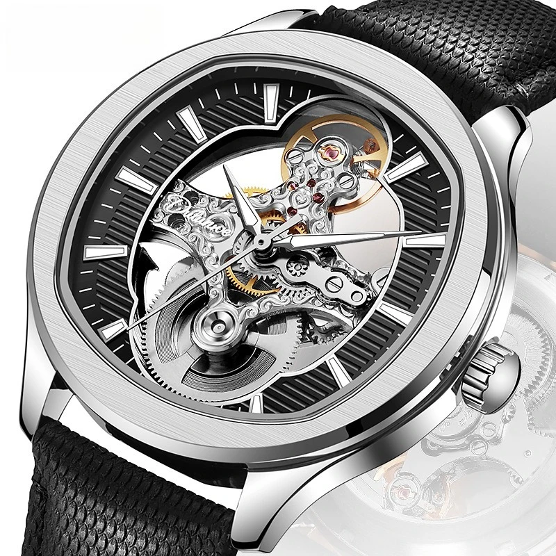Stainless Steel Dual-Sided Skeleton Tourbillon Solid Steel Band Luminous Waterproof Self-Wind Automatic Watch for Men