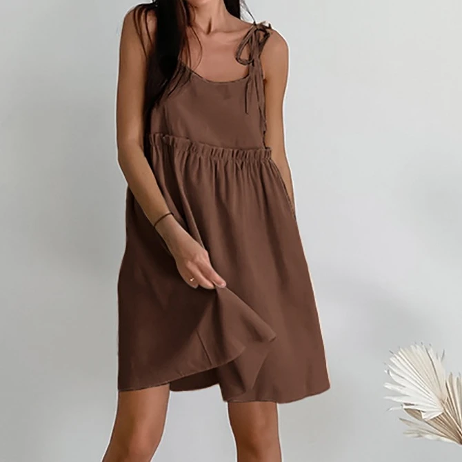 

Brown Cotton-linen Dress for Women, New Summer Style for 2026, Loose Suspender Skirt, A-line Dress