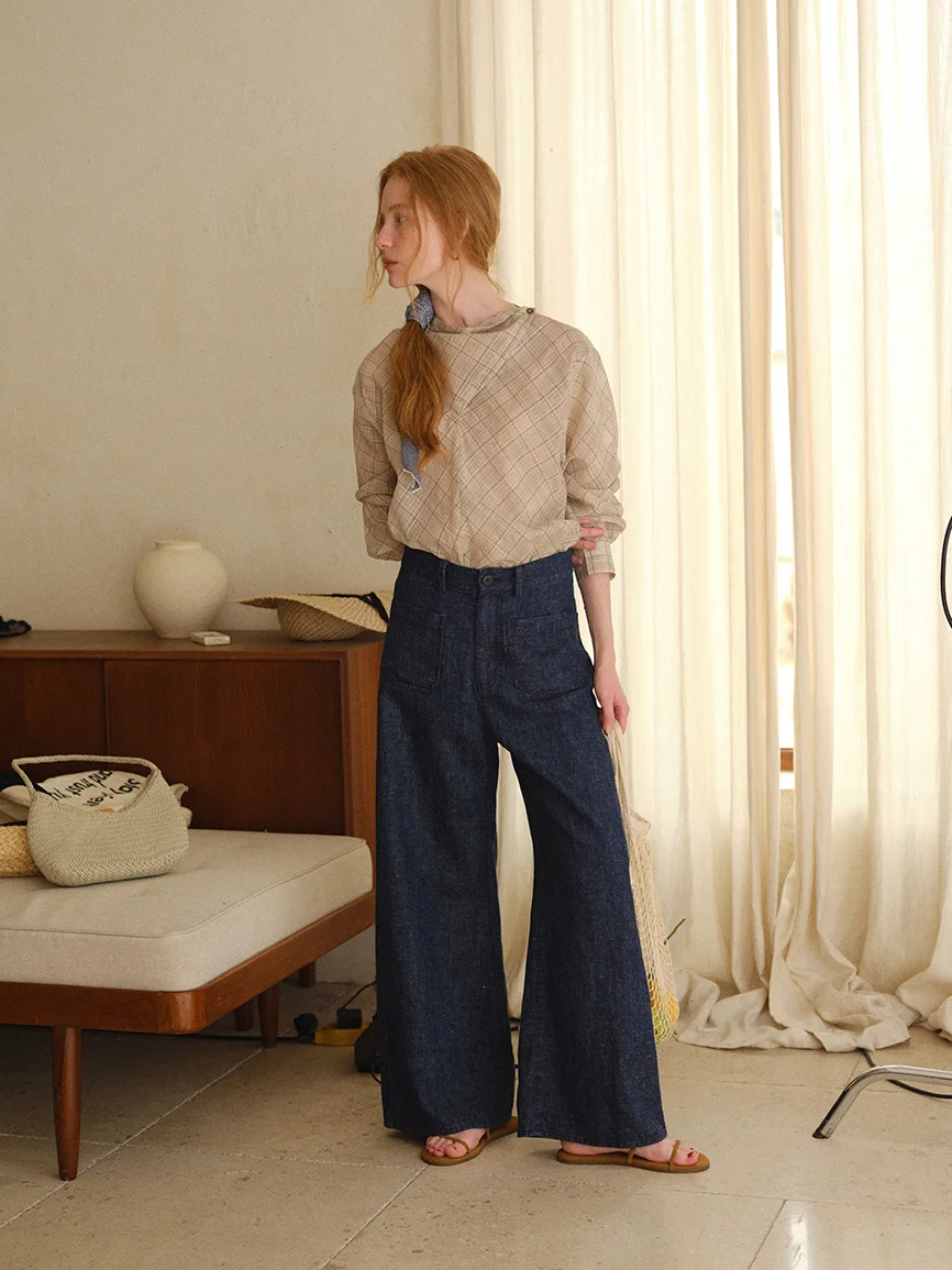 

Новые летние джинсы свободного кроя с микро-клешем из органического хлопка и конопли Han Han, цвет индиго, женские прямые джинсы