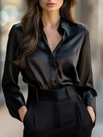 Blusa elegante de satén de manga larga para mujer, camisa con cuello abotonado, perfecta para uso informal o profesional