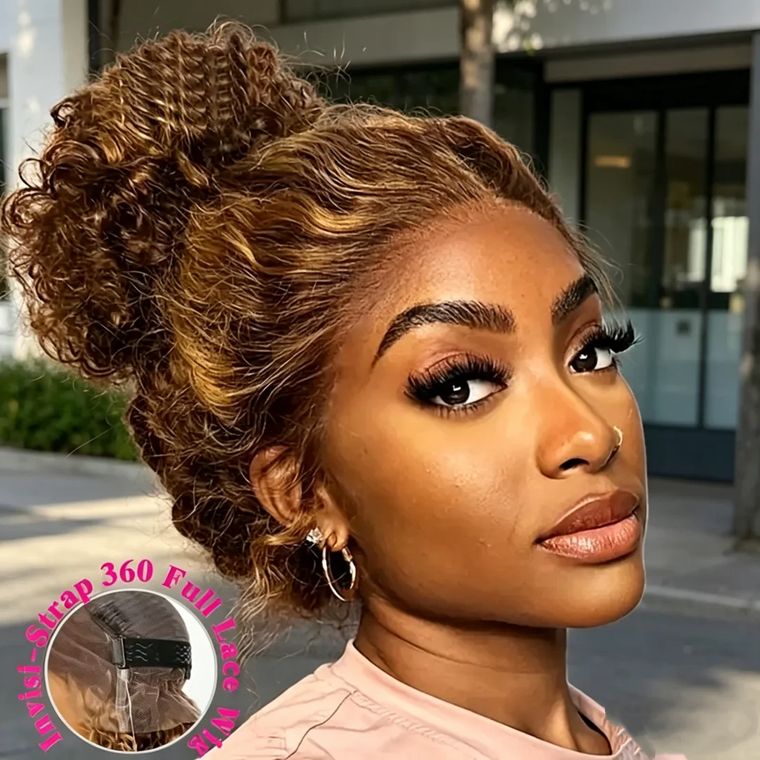 

Invisible Strap HD 360 Lace Front Wig Highlight Human Hair Wigs Deep Curly P4/27 250 Density Precut 360 Full Lace Gluless Wigs