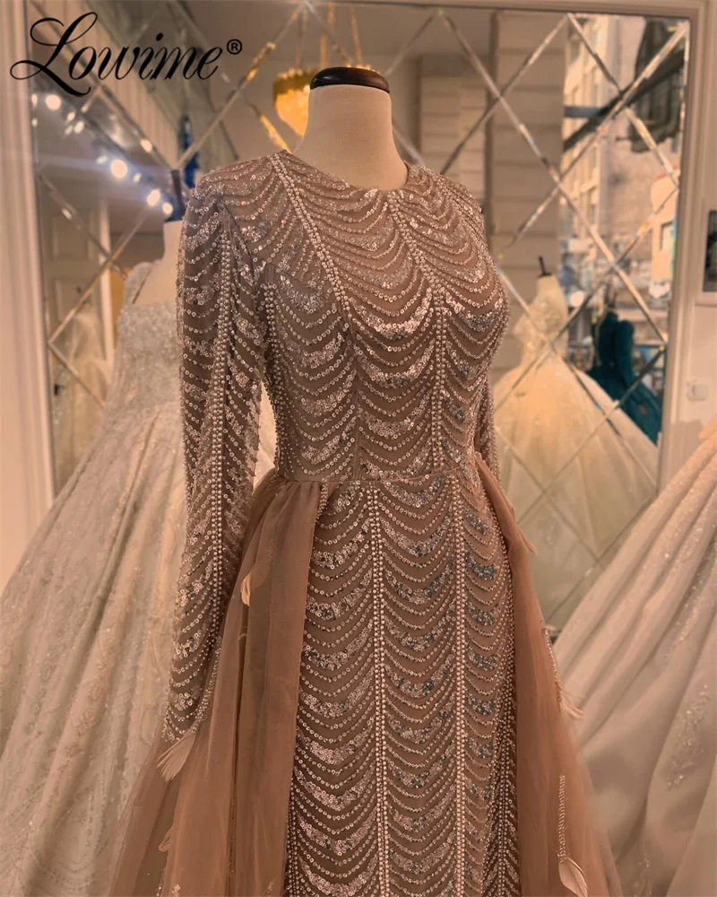 Robe Brown Feathers Shiny Sequined Beaded Arabic Evening Dresses 2024 Long Sleeves Women Moroccan Kaftans Party Gowns Customized