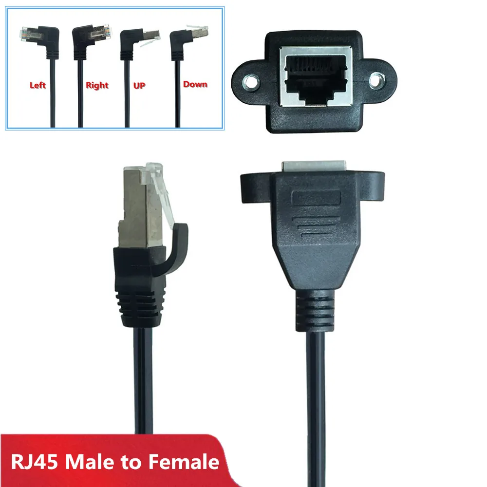 90 degrees Rgiht Angle RJ45 Male to Female Screw Panel Mount Ethernet LAN Network Extension Cable converter 0.3m 0.6m