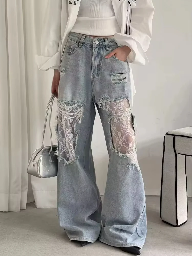

Women's Y2K American Style High Waist Lace Spliced Denim Pants Loose Wide Leg Trousers Fashion Hottie Hole Patchwork Jeans