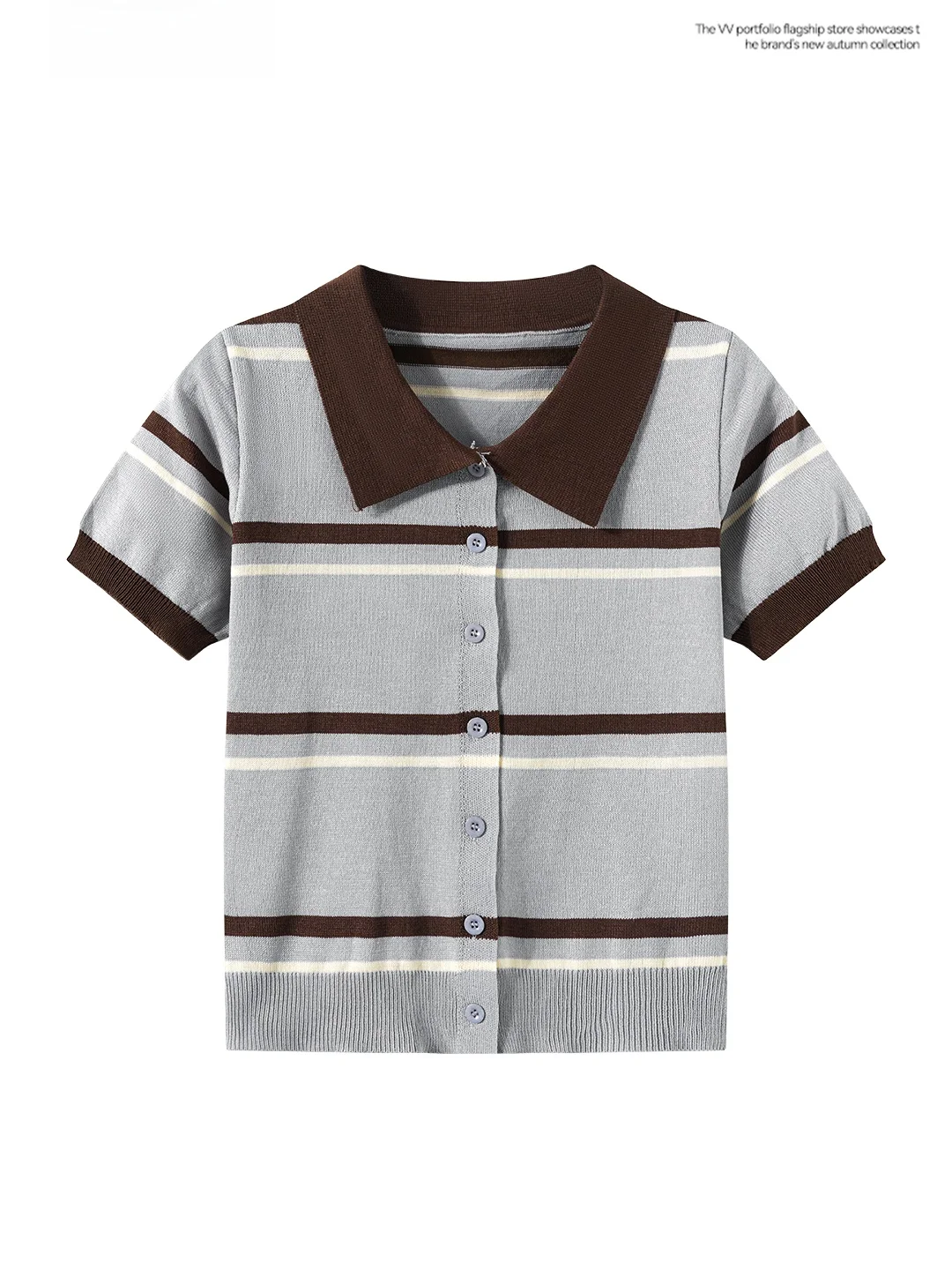 Gray Striped  Neck Knitted Short Sleeve Cardigan Women's Slim Fit Summer Top High Waist Button Detail Commute Style