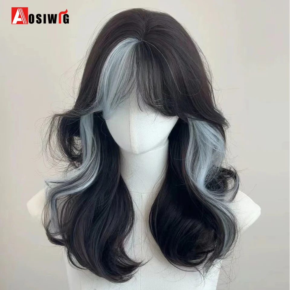 AOSI Ombre Synthetic Long  Wavy Black Prominent Blue Hair Wig Party Wigs for Women Cosplay Lolita Wig For Daily Use