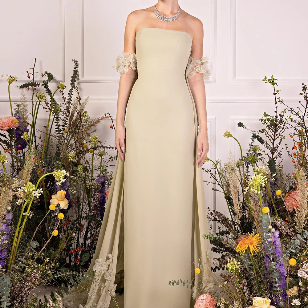 Temperament Crystal Flowers Detachable Sleeve Jersey Evening Dresses Formal Straight Floor Length Strapless Long Sleeves