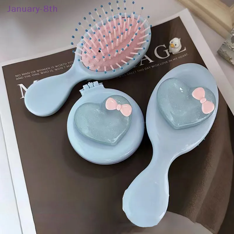 Portable Resin Heart Shaped Foldable Comb With Mirror Head Massage Airbag Comb Small Compact Kawaii Air Cushion Styling Comb