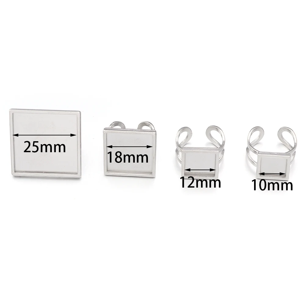 2Pcs/Lot Stainless Steel Adjustable Open Finger Square Ring Blank Tray For DIY Ring Bezel Jewelry Making Accessories