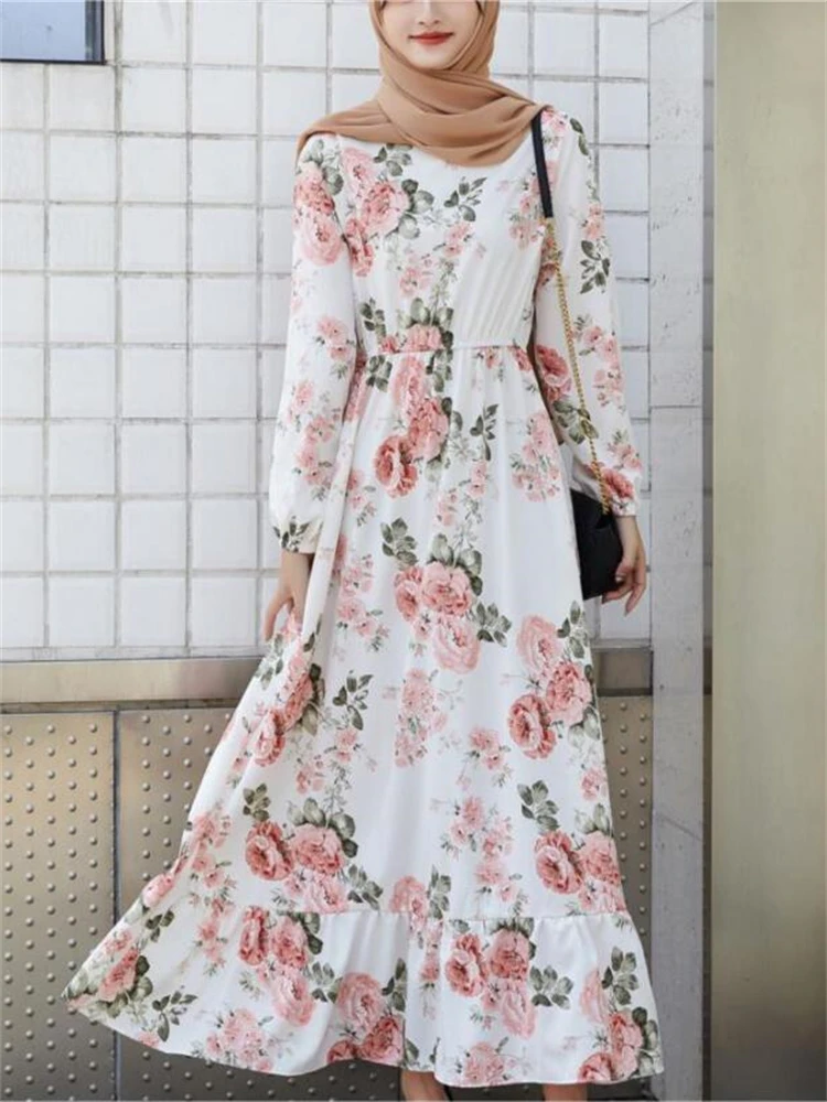 Elegant Floral Muslim Dress Women Print Dress Kaftan Turkey Abaya Hijab Vestidos Belted Female Robe Islam Clothing Chiffon Dress