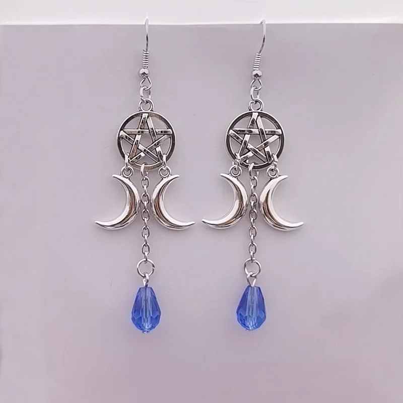 Pentagram Crescent Moon Glass Teardrops Earrings crystal Stone Wicca Witchy Witch Magic Pagan Gothic  NEW Women Gift Fashion