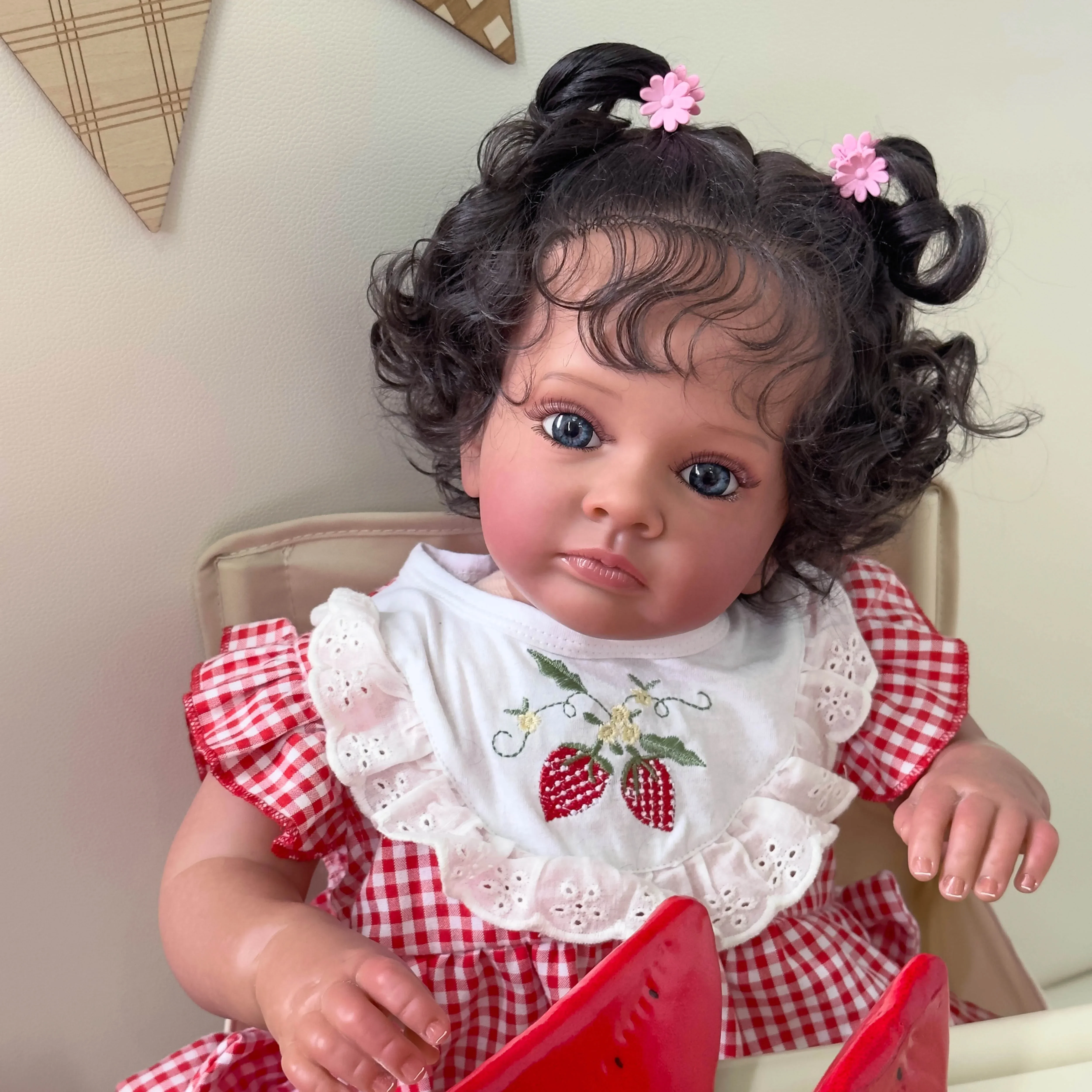 60CM Wearing a strawberry embroidered red and white checkered jumpsuit Dark Skin Curly Hair Reborn Tutti Doll For Gift