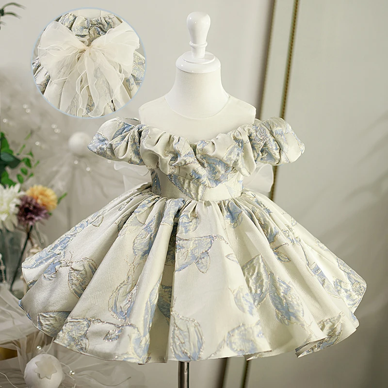 Children Off the Shoulder Performance Dress O-Neck Knee-Length Birthday Party Dresses Kids Tulle Bow Ball Gown Wedding Wear