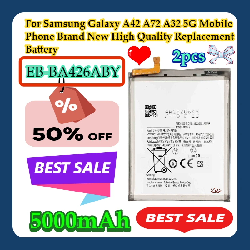 

2 шт. для мобильного телефона Samsung Galaxy A42 A72 A32 5G, новый EB-BA426ABY, 5000 мАч, высококачественная сменная батарея