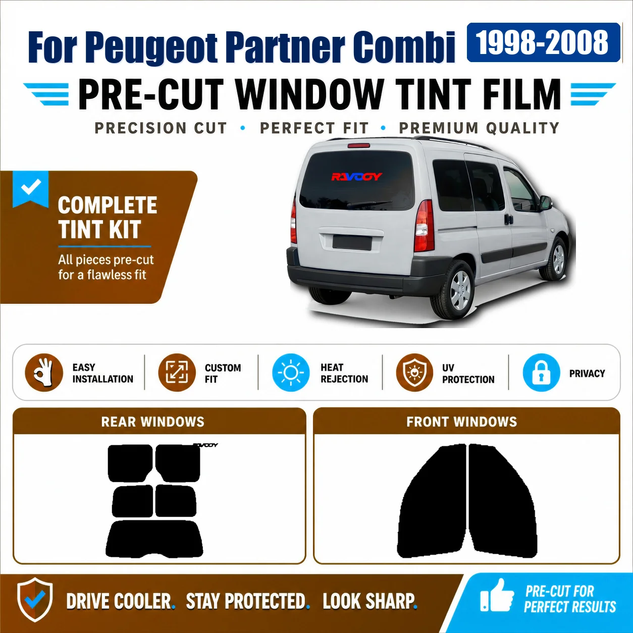 For Peugeot Partner Combi 1998-2008 Custom Fit Front Window Rear Window Tint Film Custom Cut Kit