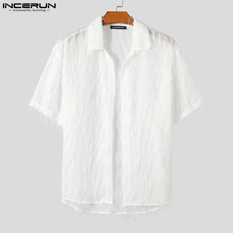 INCERUN-Chemise en mousseline de soie à pompons pour hommes, revers transparent, manches courtes, streetwear sexy, vêtements d'été, mode de fête, 2024