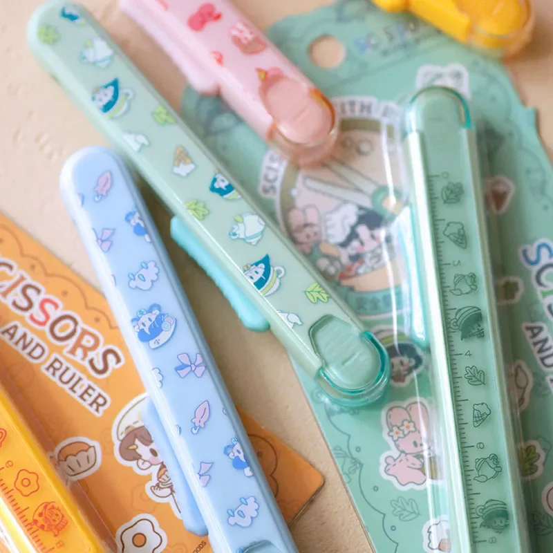 Fromthenon Cute Portable Foldable Student Handmade Cutting Ruler 2-in-1 Art Making Paper Scissors Tool Supplies