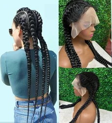 Pelucas de trenzas dobles holandesas para mujeres, pelucas de encaje frontal sintético, negro Natural, giro de cuatro trenzados con pelo de bebé, 28