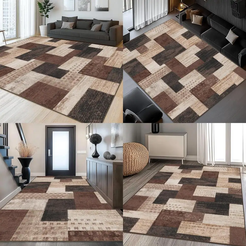 سجادة منطقة داخلية مرقعة هندسية حديثة لغرفة المعيشة، سجادة كبيرة من الشوكولاتة مقاس 5 × 7 بوصات مجموعة روكوود ديكور أرضيات خشبية صلبة #1