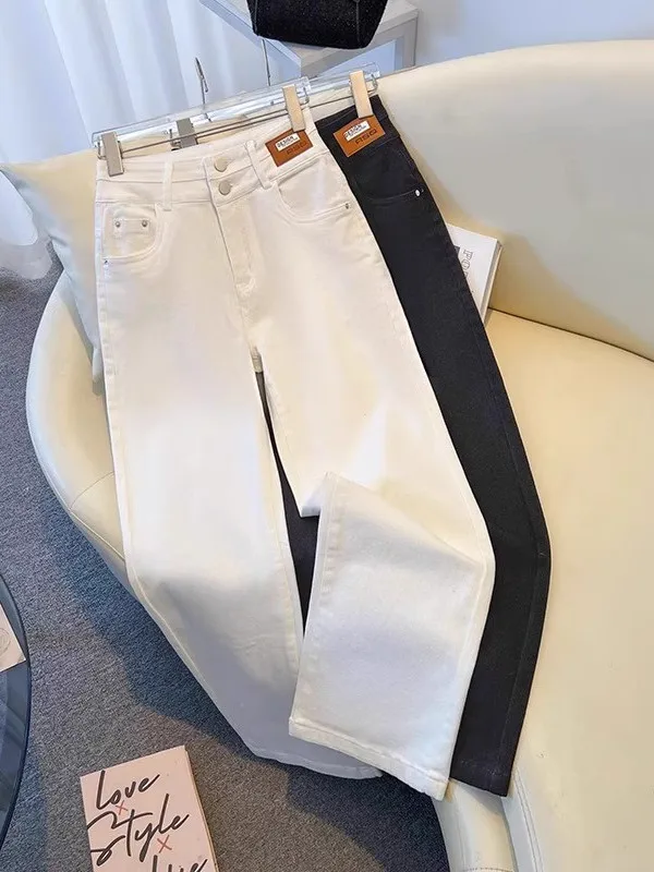 

Мягкие хлопковые светло-бежевые женские прямые джинсы, свободные длинные брюки с высокой талией, весна-лето, новые повседневные брюки
