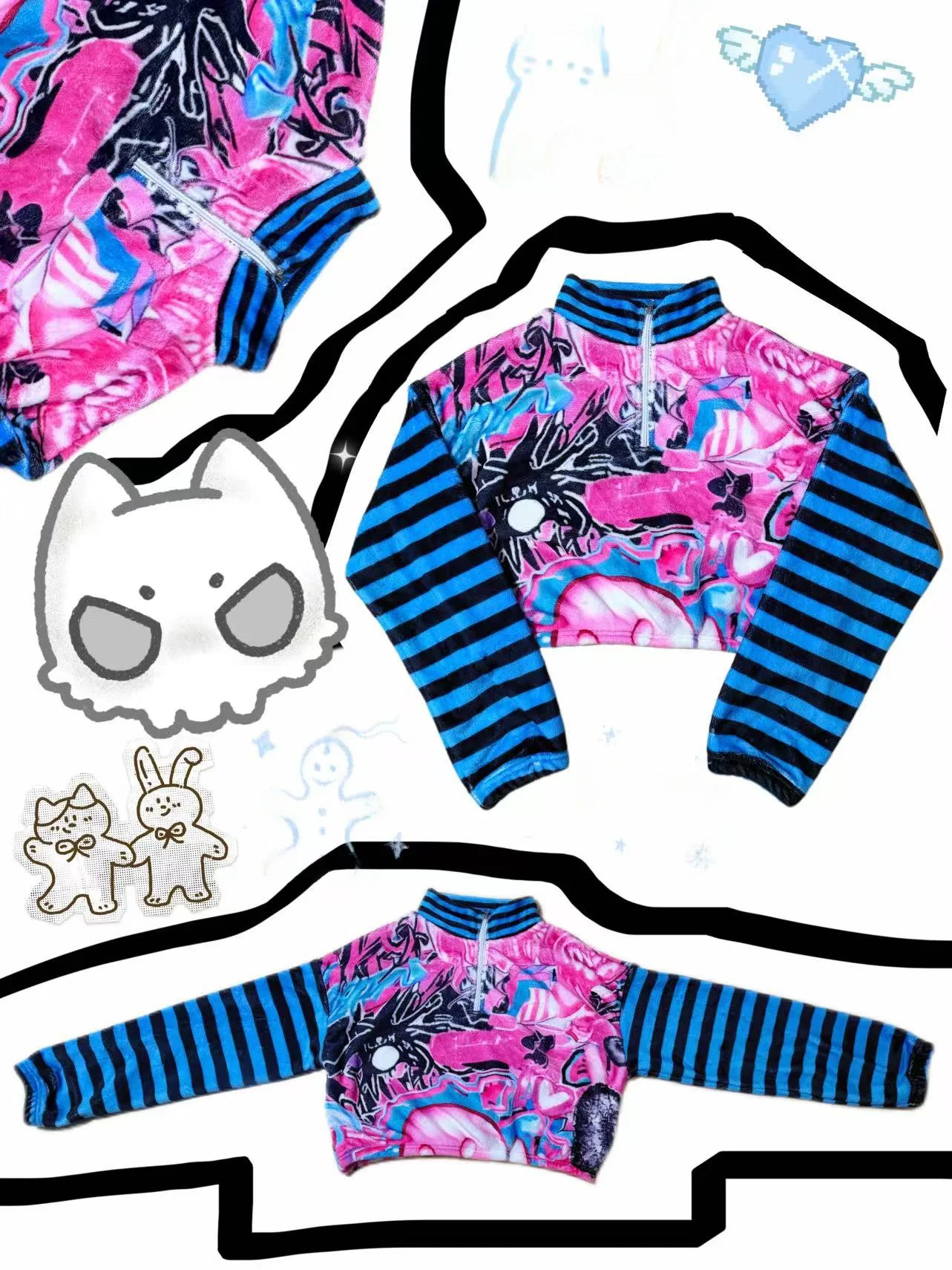 

Blue Monster Striped Original Subculture Patchwork Plu Printed Sweatirt Women's Loose Autumn Winter Top Street Sle