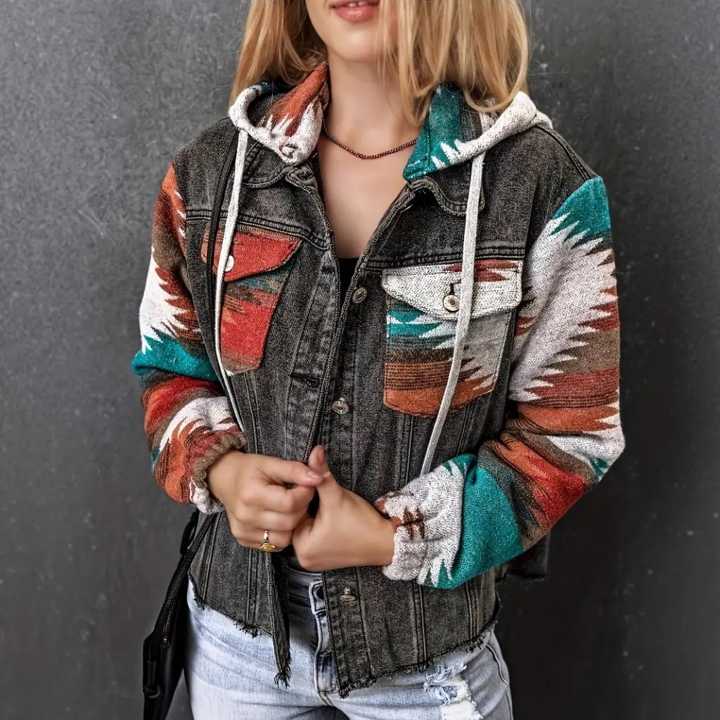 

Женская джинсовая куртка с капюшоном в стиле ретро и карманами, осенне-зимняя мода, европейско-американский стиль, контрастный дизайн