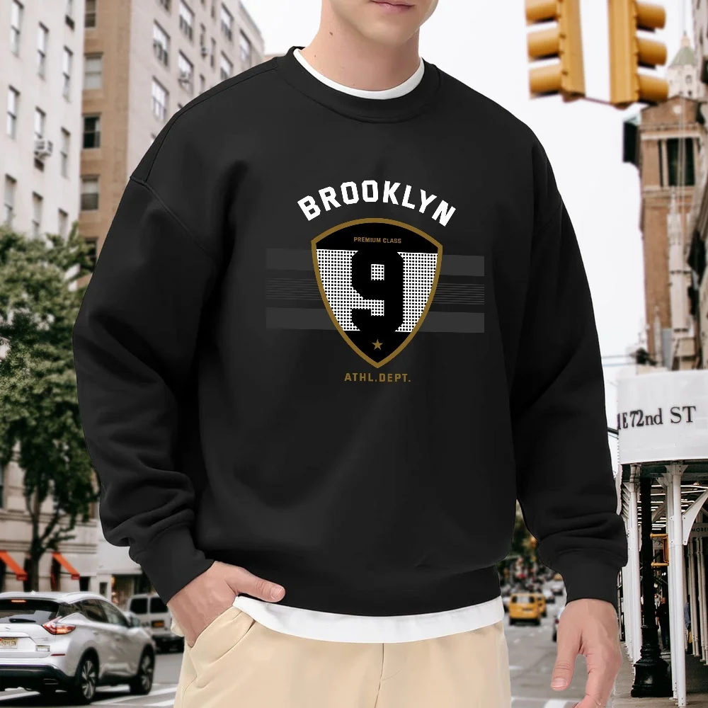 

Men's Black Crewneck Sweatshirt with Brooklyn Digital Print, Casual Top, Loose Fit, Street Fashion Style, Versatile for Everyday Wear and Sports, Comfortable and Breathable
