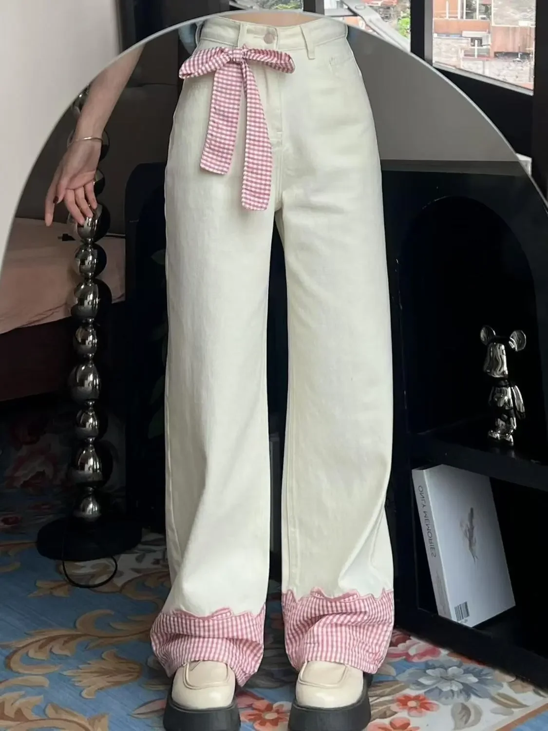 

Модные клетчатые лоскутные милые элегантные джинсы с бантом, женские джинсовые брюки с высокой талией, осень-зима, свободные повседневные женские широкие брюки