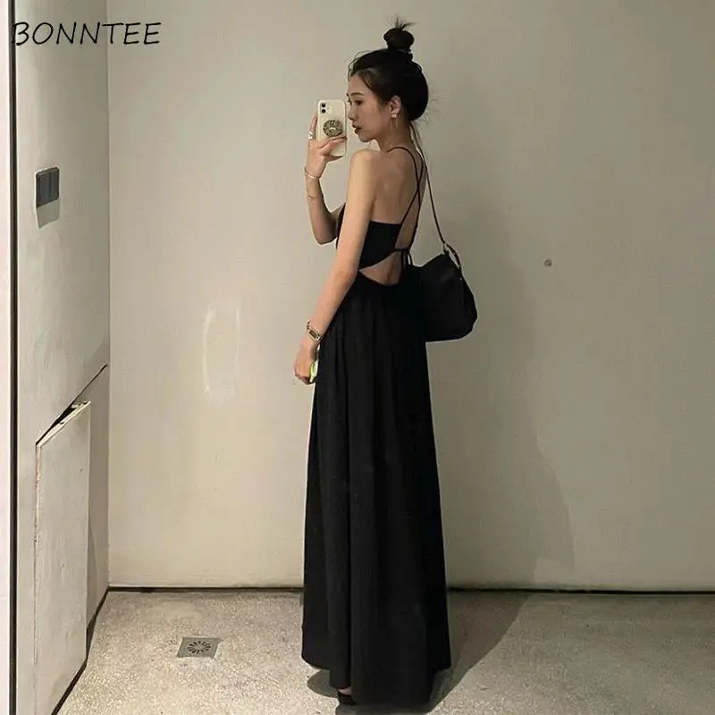 

Dresses Women Backless Solid Simple Club Popular Modern Korean Style All-match Summer Cool Ladies Creativity Ulzzang Delicate