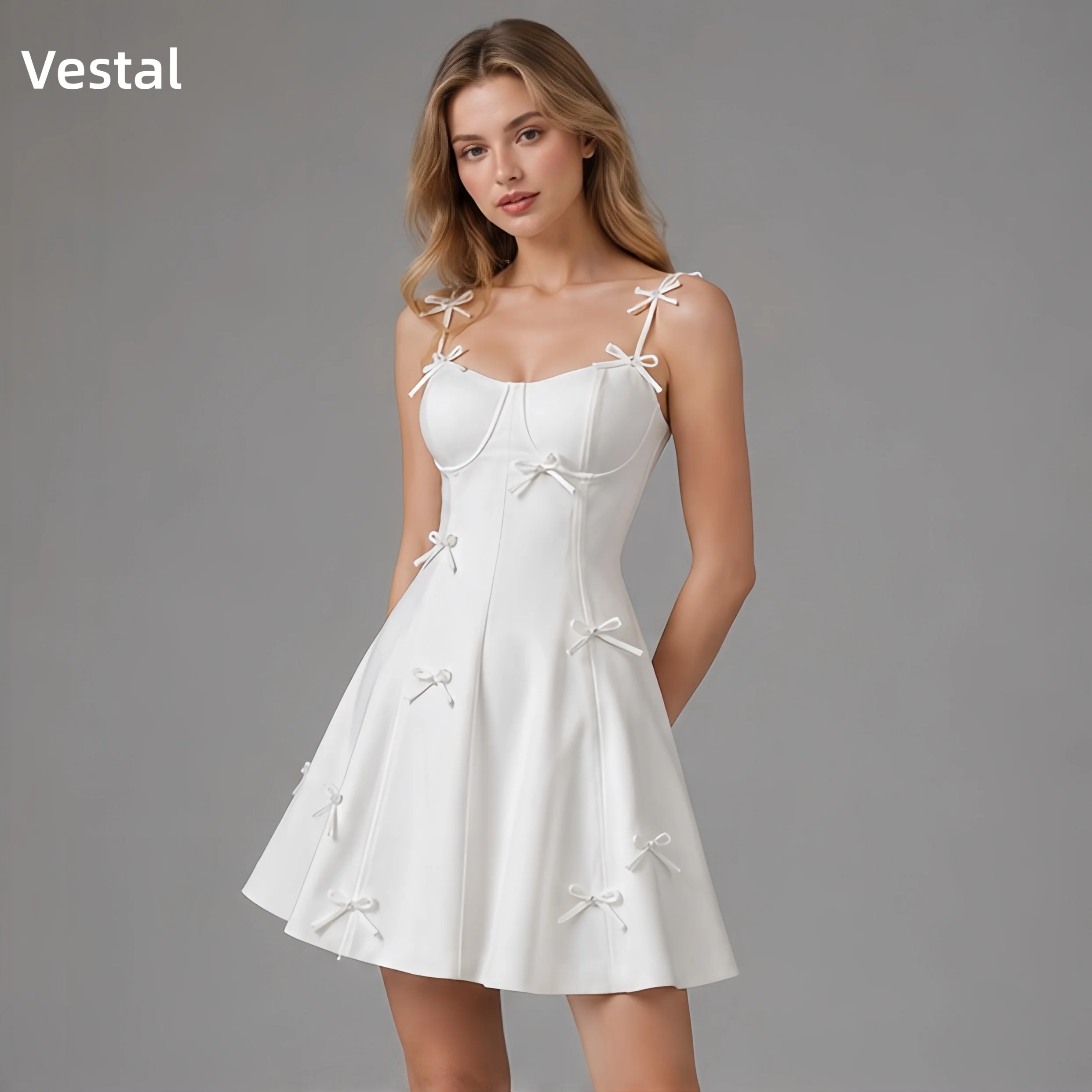 

Vestal White Sweetheart Neck Homecoming Dress Bow Decorated Corset A-Line Graduation Dress Mini Cocktail Dress Customized