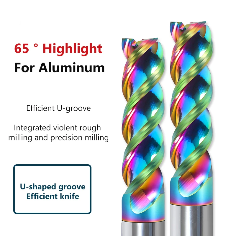 HRC65 DLC Color Coated High Gloss Aluminum Milling Cutter Special CNC U-groove Integral Tungsten Steel 3 Flute Carbide End Mill