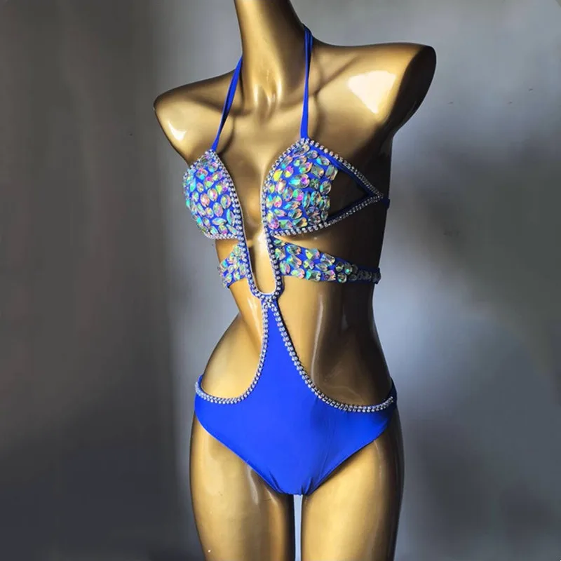 Strass Bademode Handgenähte Diamant Bikini Einteiliger Badeanzug Luxus Karneval Kristall Bikini Partys Rave Festival Outfit