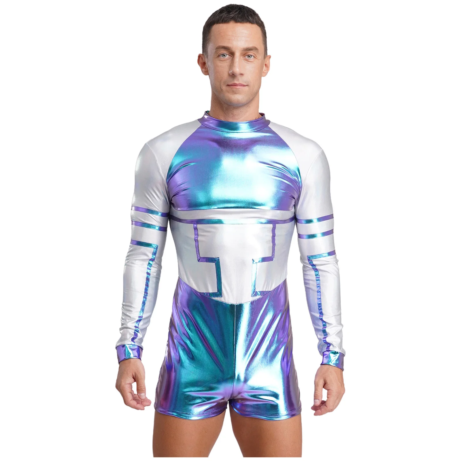 

Mens Halloween Alien Robot Cosplay Jumpsuit Metallic Shiny Long Sleeve Contrast Color Bodysuit for Astronaut Space Role-play
