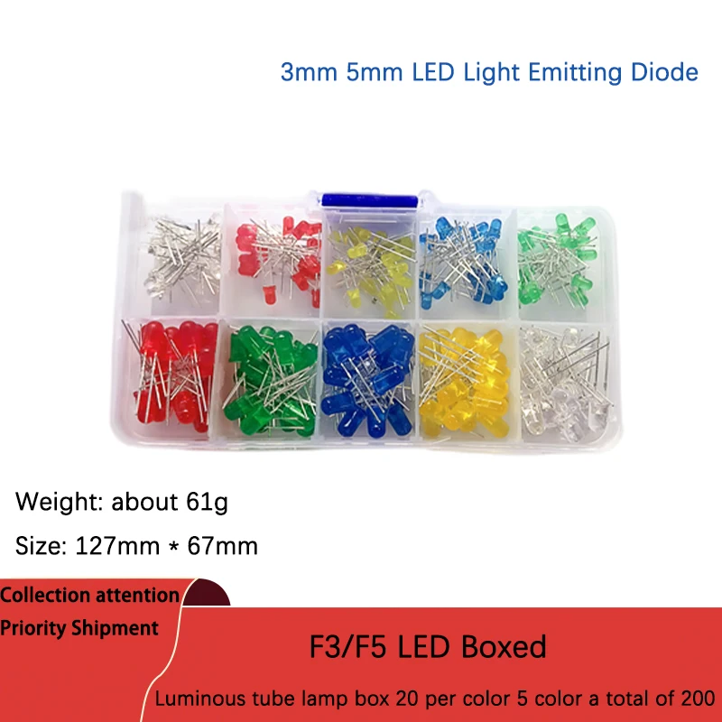 200PCS F3 F5 3mm 5mm LED light emitting diode boxed luminous tube lamp box 20 pieces per color 5 color total 200