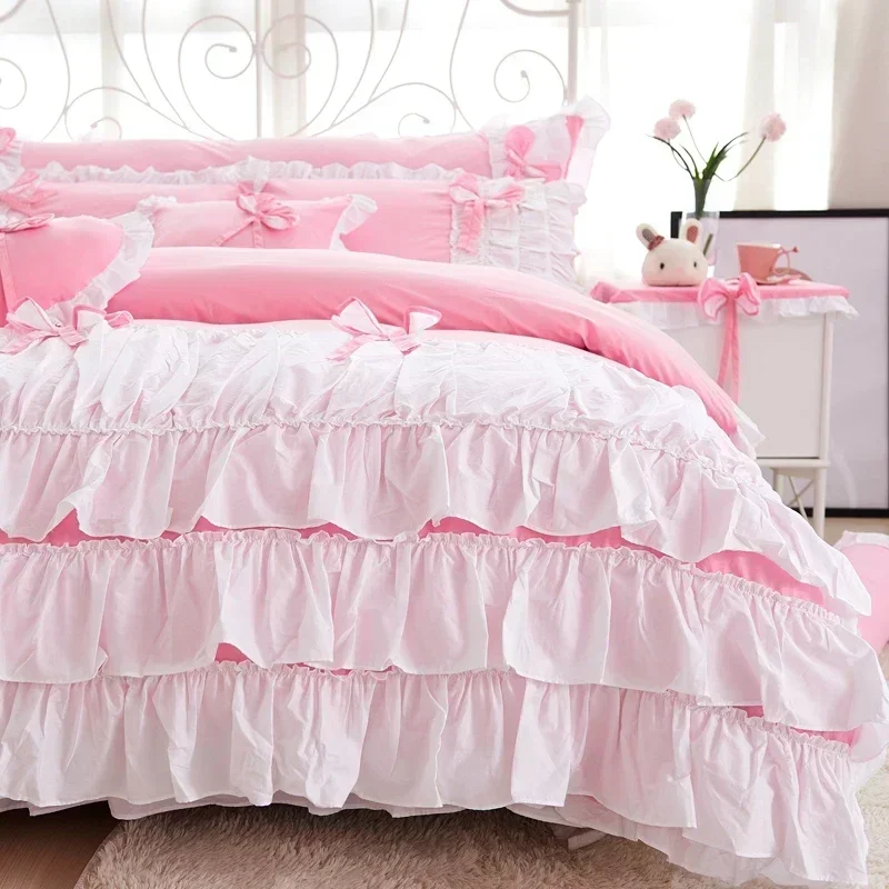 100% Cotton Pink Bow Ruffles Double Size Bedding Set Luxury Korean Princess Bedspread Set Duvet Cover Bed Skirt Pillowcases