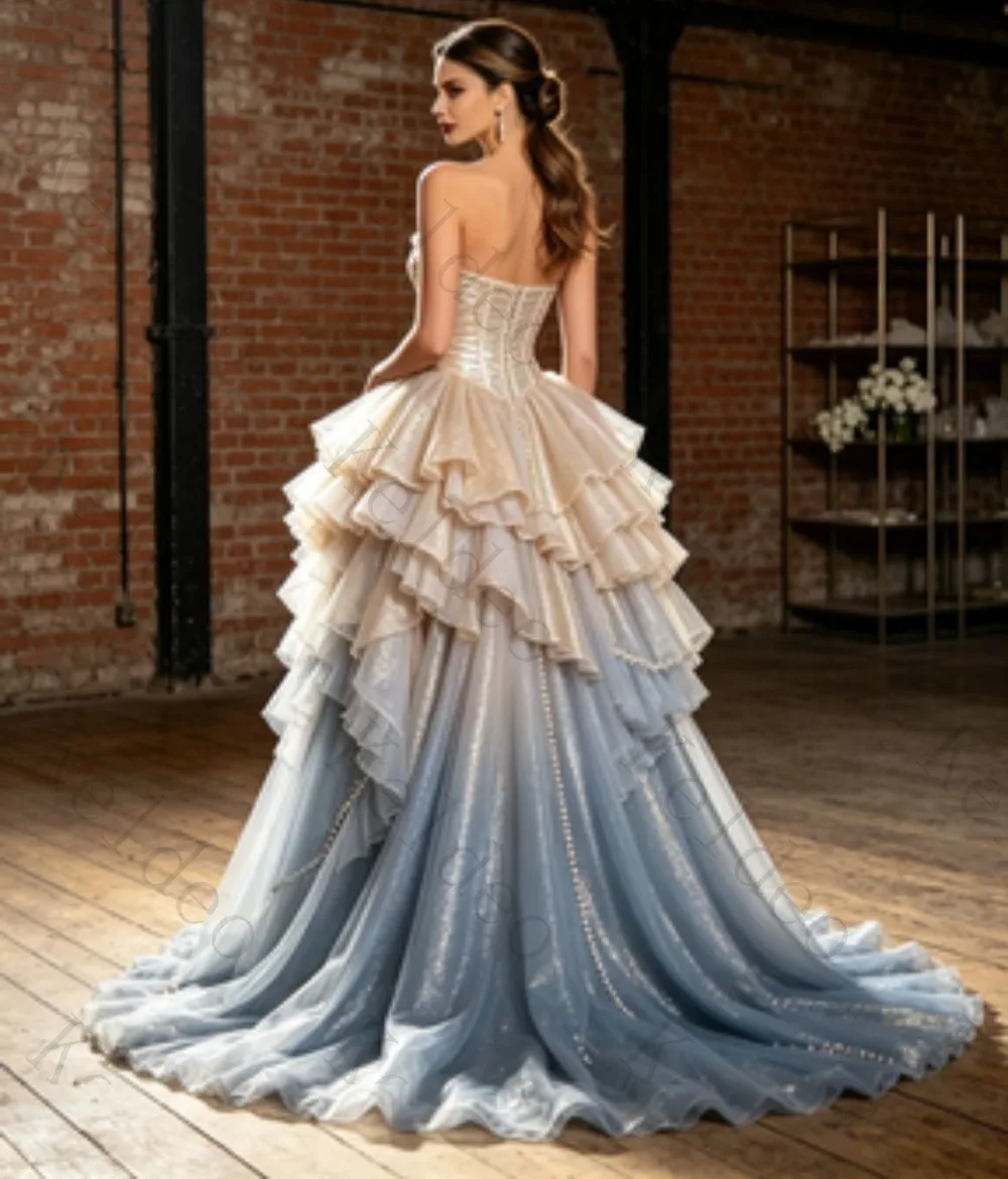Customized Champagne Dusty Blue Ombre Tulle High‑Low Evening Dress Strapless Sweetheart Corset Bodice Multi‑Layer Formal Prom