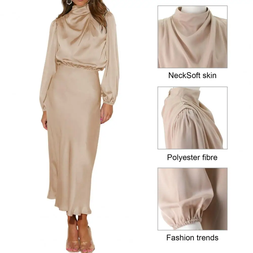 

Retro Style Dress Elegant Satin Lantern Sleeve Midi Dress for Wedding Cocktail Party with Half-high Collar Tight Waist Fall