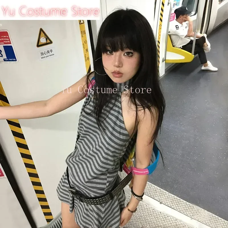 

Yu CostumeY2k Aesthetics Halter Dress Japanese s Style Grey Striped Short Dress Vintage Harajuku Backless Mini Dress Grunge