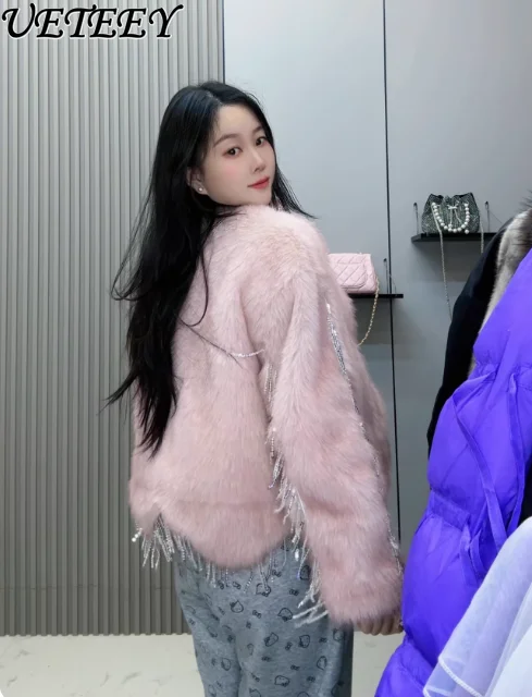 

Winter New Heavy Craft Tassel Pink Faux Fur Coat High-end Gentle Socialite Temperament Furry Women's Warm Short Jacket