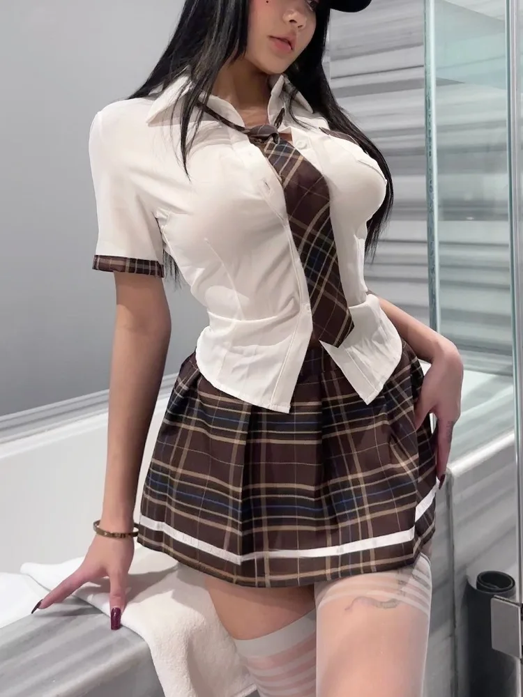 Plus Student Erotic Costumes Plaid Tie Cosplay Transparent Outfit Fetish Sexy Lingerie For Babydoll Role Play Exotic Sence