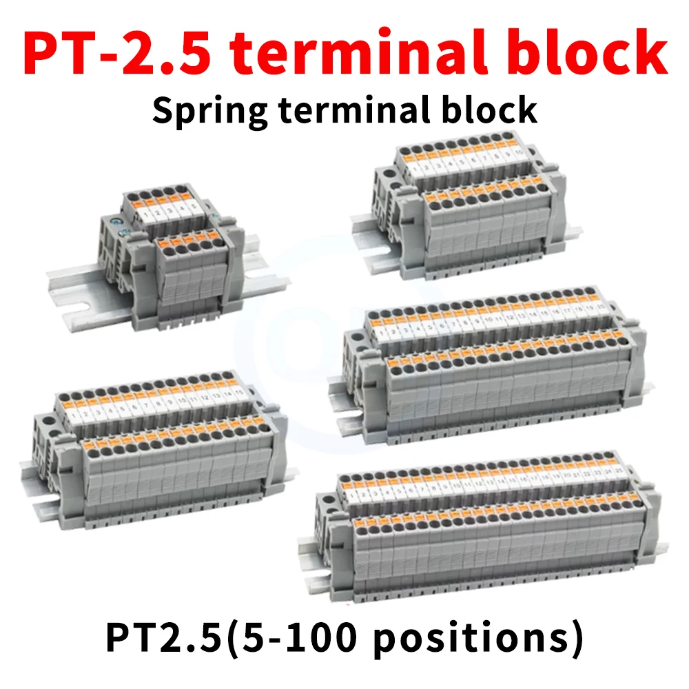 (1 pcs) PT2.5MM through-hole spring terminal block, tool-free rail combination type 5-100 position connector plug-in