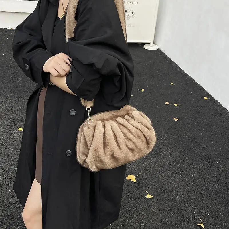 

New Faux Fur Ruched Shoulder Bag with Plush Strap Gold Hardware Fashion Small Handbag for Daily Casual Outfits Travel Commute
