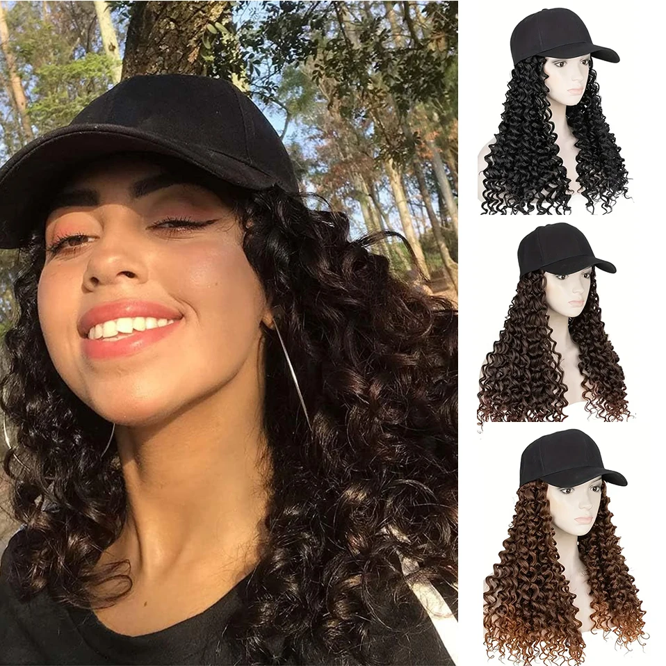 

25 "синтетическая бейсболка, парики для женщин, наращивание, регулируемый парик, шляпа, прикрепленная в африканском стиле, кудрявый вьющийся парик для женщин и девочек