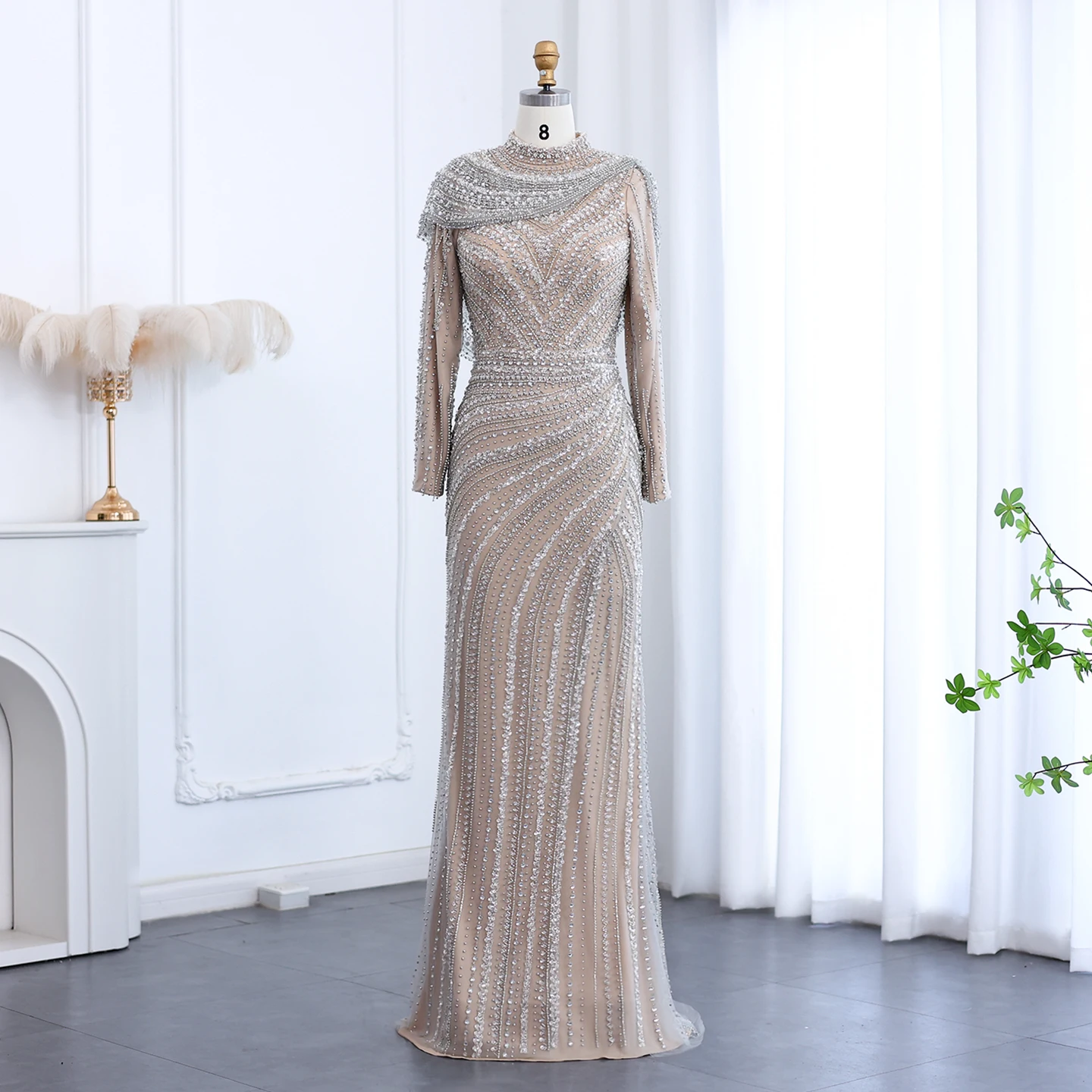 

Sharon Said Luxury Silver Nude Muslim Evening Dress Cape High Neck Long Sleeves Dresses for Women Wedding Party SS035 Customized
