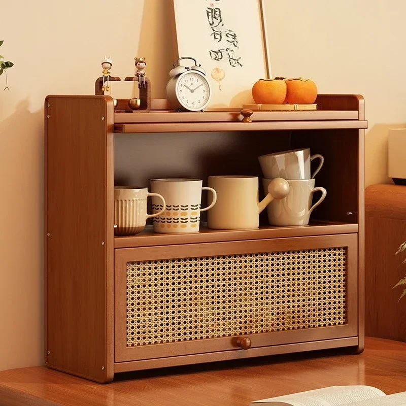 Minimalist Desktop Shelf Imitation Rattan Woven Multi-functional Finishing Floor Locker Multi-layer Flap Storage Cabinet