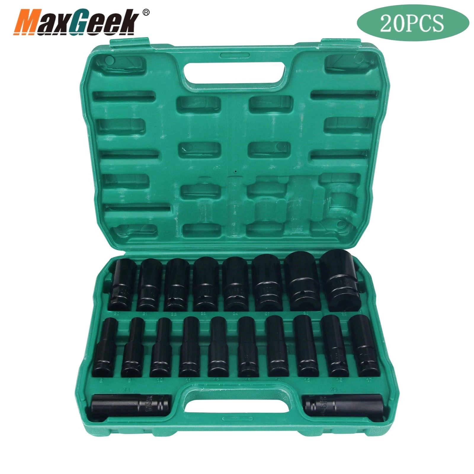 

Maxgeek 20PCS Impact Socket Set Metric Long Hex Socket Set with Plastic Storage Box for Electric Wrenches