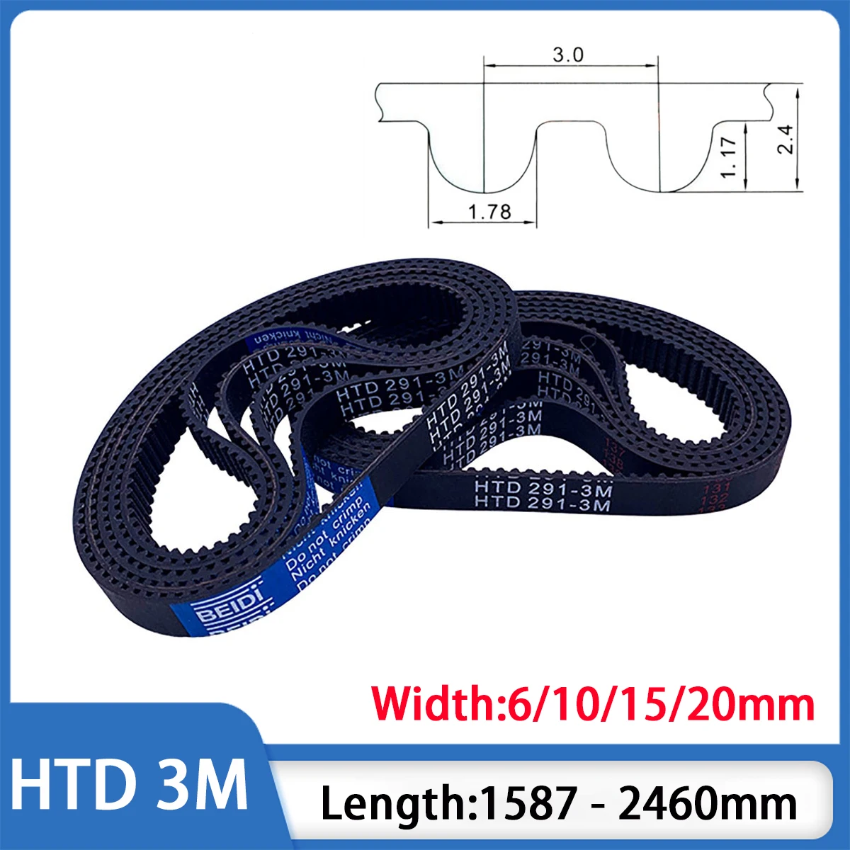 

Drive Belts Width 6/10/15/20mm HTD-3M Rubber Closed Loop Timing Belt Pitch 3mm Length 1587 1638 1677 1800 - 2460mm