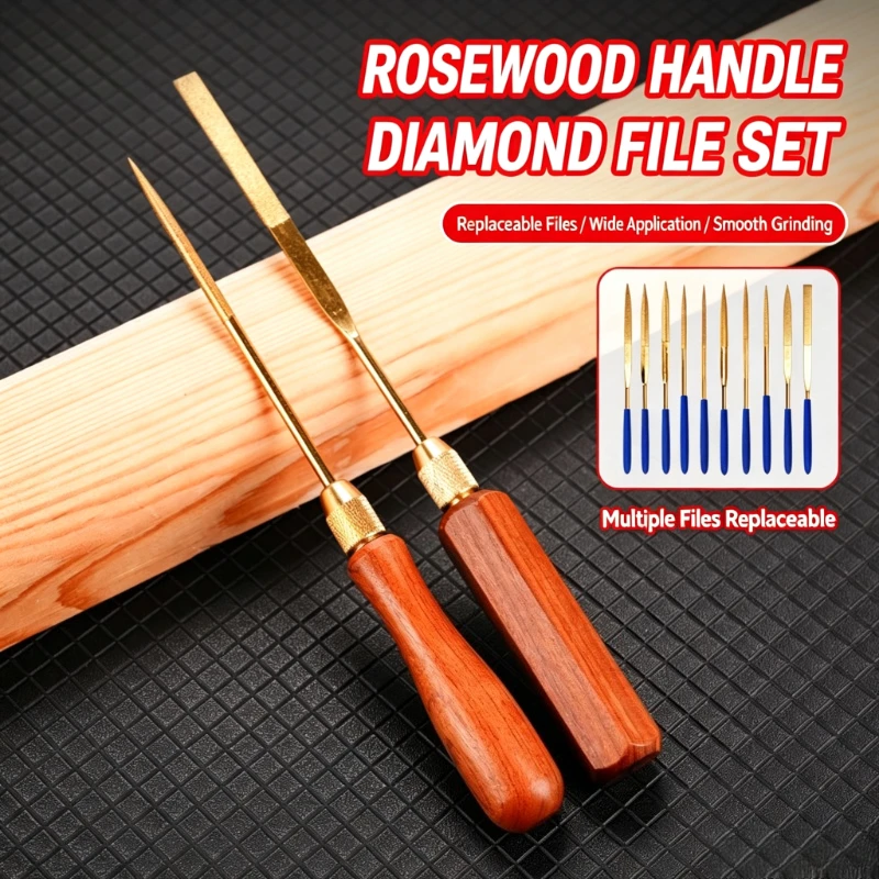 10PCS Gold-colored Titanium-plated Diamond File Set with Rosewood Wooden Handles Manual Grinding Tool for Wood Metal Plastics