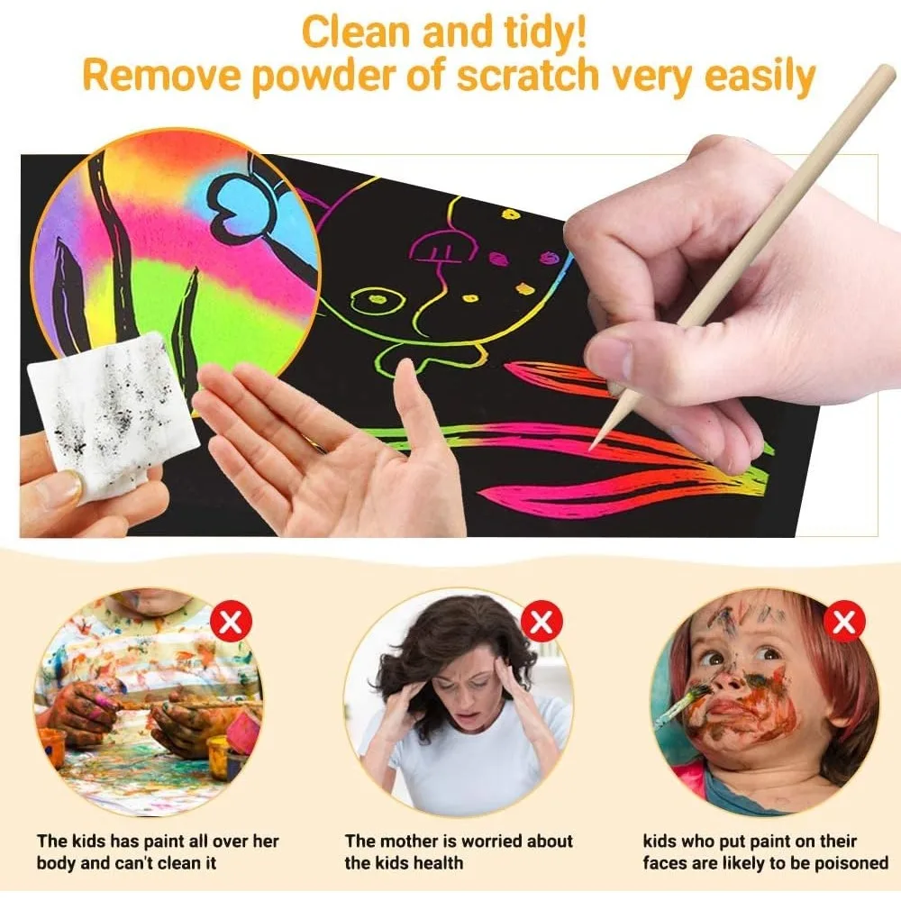 Подарок для детей от 3 до 12 лет — 3 упаковки радужных скретч-блокнотов, наборов принадлежностей для рукоделия и цветных бумаг для рисования.